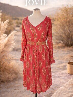 Jovie Coral Embroidered Boho Dress M Peasant Festival Cottagecore